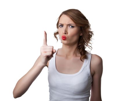 woman in tank top show finger attention emotion isolated
