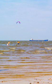 Seascape beach and mudflats hiking with blue sky on the North Sea coast in Wremen Wursten Cuxhaven Lower Saxony Germany.