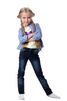 Full length portrait of beautiful girl in jeans. Isolated on white