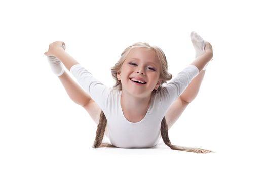 Full length portrait of kid gymnast. Isolated on white