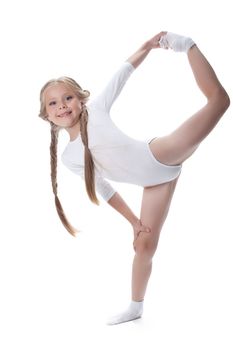 Full length portrait of kid gymnast. Isolated on white