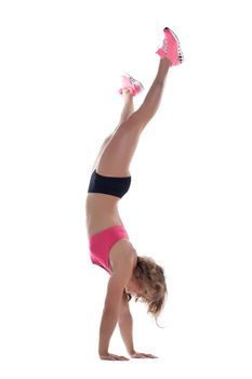 perfect woman bodybuilder stand on hands in rose training cloth