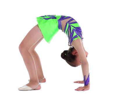 kid gymnast stand in bridge pose isolated - green suit