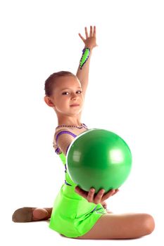 teen kid show green gymnastic ball - sit on background isolated