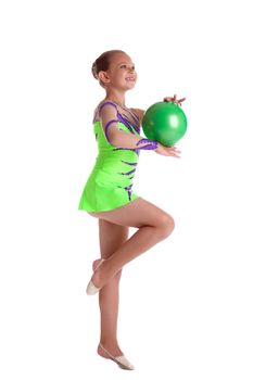 young gymnast teen girl dance with green ball isolated