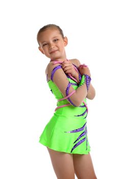 small Girl portrait posing in green costume - young gymnast isolated