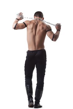 strong man dance striptease with chain isolated