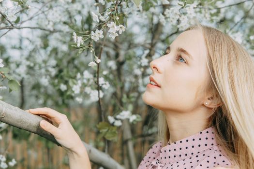 Blonde girl on a spring walk in the garden with cherry blossoms. Female portrait, close-up. A girl in a pink polka dot dress
