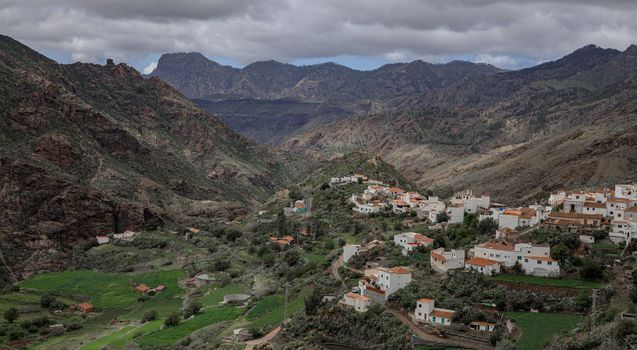 Landscape of the village of Tejeda in Gran Canaria. High Angle view on the Village of Tejeda, Canary Islands, Gran Canaria, Spain