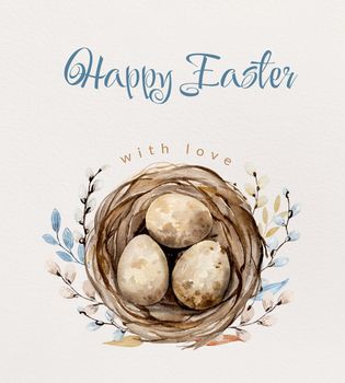 Easter watercolor painting with traditional eggs and nest on white background with greeting text. Festive spring religion aquarelle drawing postcard