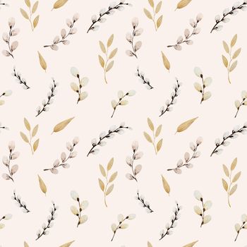 Blooming Easter fluffy willow branches seamless pattern on white background. Religion spring holiday design with traditional symbolic plants