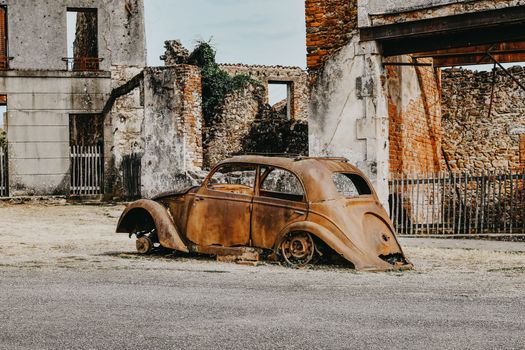 Destroyed cars during World War 2 in Oradour sur Glane France
