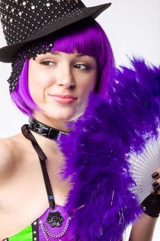 Young disco girl with pinc hair and fantail