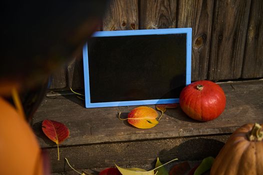 A black black chalkboard, with copy advertising space for text, a bright orange pumpkin and fallen dry leaves on the doorstep, against a wooden background. Autumn. Halloween. Thanksgiving concept