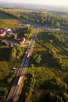 View from flying balloon on road and sunrise