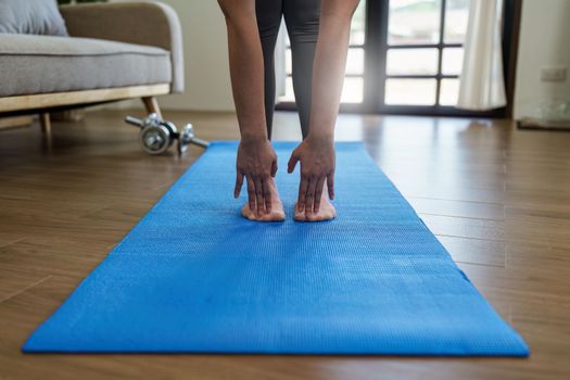 Healthy asian woman practicing relaxation yoga at home. Spending time and playing at home concept.