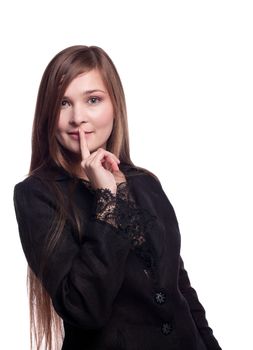 Beauty woman in business suit with lace- silence sign