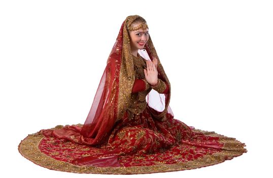 Beauty white woman in traditional indian costume isolated