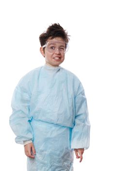 Waist-length emotional portrait on white background, surprised shocked teen nerd schoolboy, young chemist scientist in lab coat and glasses with a chaotic hairstyle, smiling in surprise at the camera