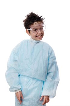 Emotional portrait on white background, mischievous teenager nerd schoolboy, student, elementary school student, young chemist scientist in lab coat and goggles with chaotic hairstyle, smile at camera