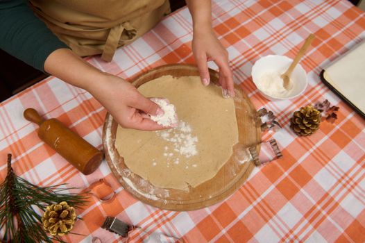 Details: chef confectioners hands sprinkling flour on the rolled out dough, making homemade delicious gingerbread cookies for Christmas, according to traditional recipe. Festive baking and cookery