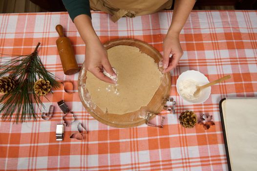 Top view of chef confectioners hands sprinkling flour on the rolled out dough, making homemade delicious gingerbread cookies for Christmas, according to traditional recipe. Festive baking and cookery