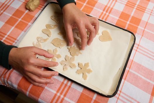Cropped view of chef's hands putting carved dough cookies on a baking sheet, before baking in the oven. Christmas gingerbread. Selective focus. Bakery. Confectionery. Culinary. Traditional recipe