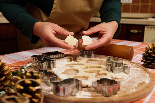 Details: female chef confectioner's hands hold molded gingerbread dough above a floured wooden board with cookie cutters and rolled out dough, while preparing homemade cookies for Christmas holidays