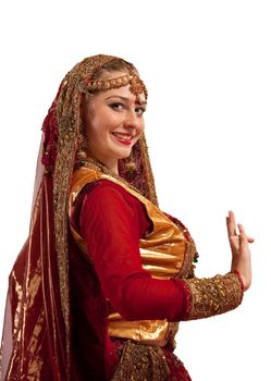 Beauty woman in red oriental indian costume isolated