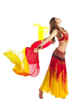 Beauty young woman dance with fantail isolated on white