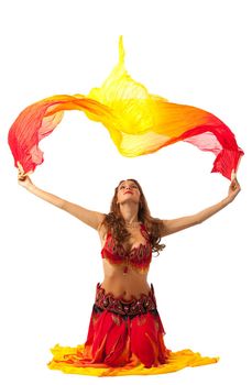 young woman dance with fantail in traditional indian costume