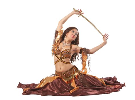 young asian woman sit with sabre in oriental costume isolated