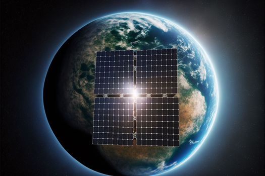 Communications satellite orbiting around the Earth, spacecraft space station with solar panels and satellite dish antenna