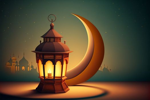 Ramadan Karim greeting card with a serene mosque background with a beautiful glowing lantern