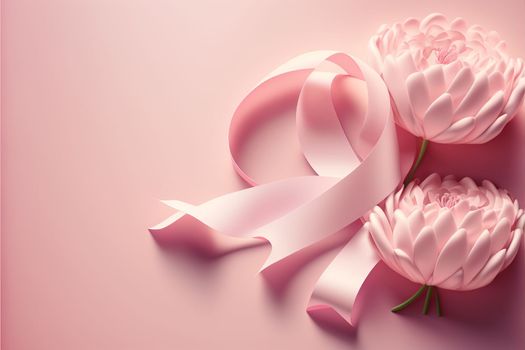 pink ribbon international women's day. March 8 background design. Women's Day greeting text on March 8 with pink ribbon and camellia flower elements for international women's day.