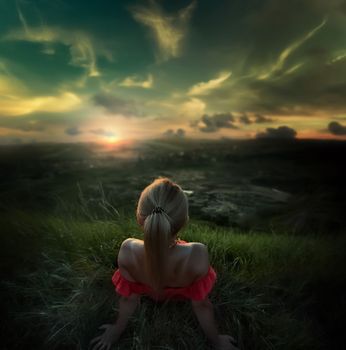 Fashion Gir. Beautiful fashionable glamor girl shows poses in modern clothes against the backdrop of beautiful scenery and flawless nature. creative photo. High quality photo