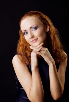 Young red beauty woman look at you