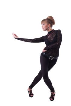 Young girl in lace costume dance and smile isolated