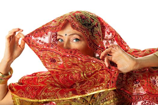 mature woman in traditional rich red indian costume