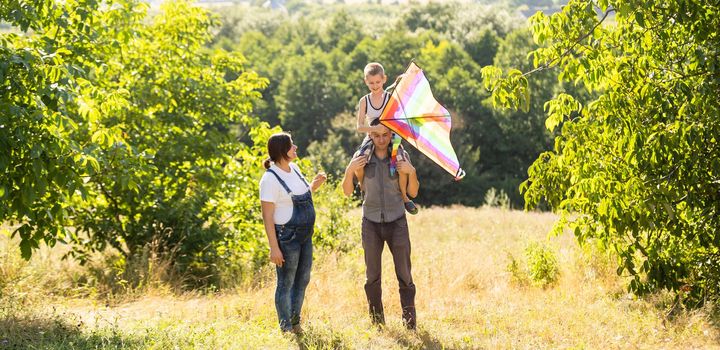 Happy family with pregnant wife fly a kite together in summer field