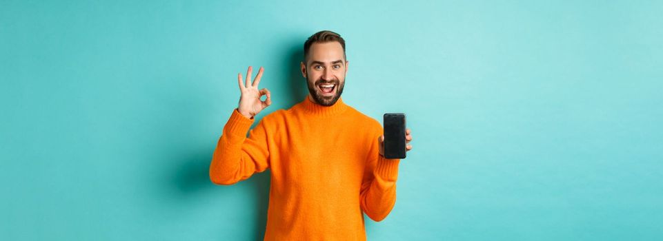 Photo of caucasian man showing mobile screen and okay sign, approve online store, smartphone app, standing satisfied over light blue background.
