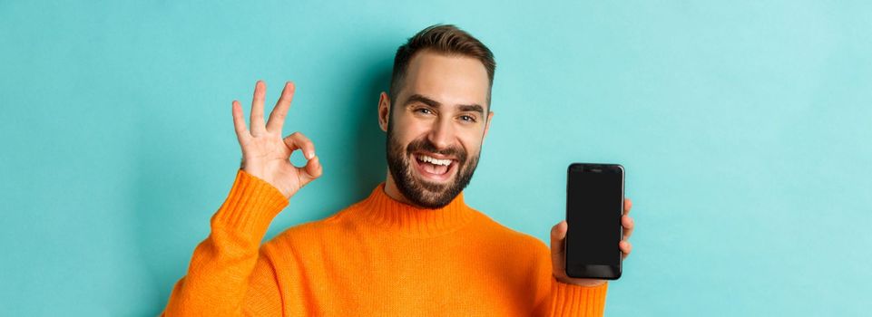 Photo of caucasian man showing mobile screen and okay sign, approve online store, smartphone app, standing satisfied over light blue background.