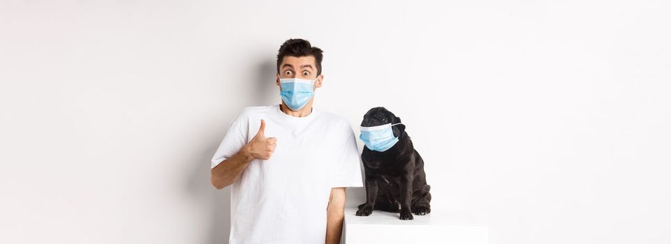 Covid-19, animals and quarantine concept. Image of funny young man and small dog in medical masks, owner showing thumb up in approval or like, white background.
