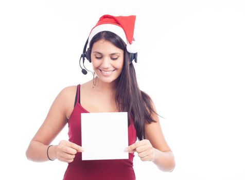 Christmas phone operator woman showing blank signboard