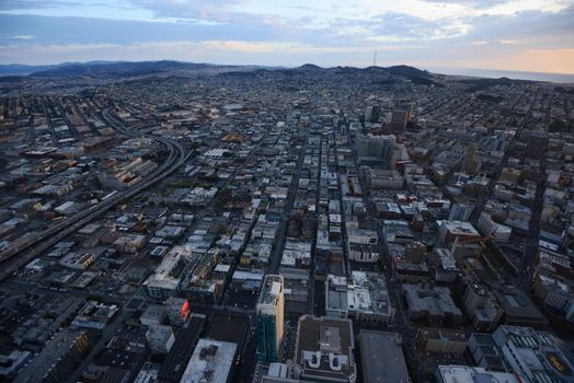 an aerial view of san francisco during sunset