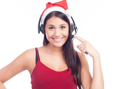 Christmas headset woman from telemarketing call center wearing red santa hat talking smiling isolated on white background.