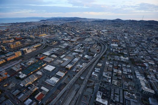 an aerial view of san francisco during sunset