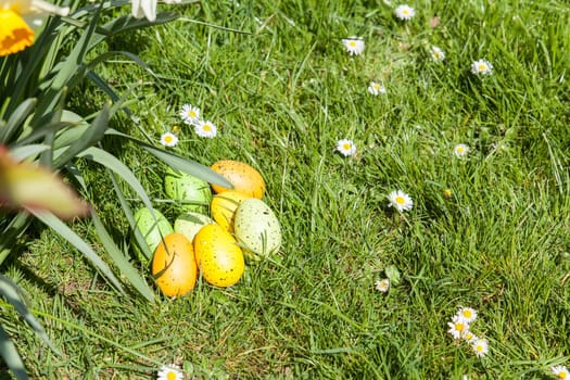 colored Easter eggs hidden in flowers and grass