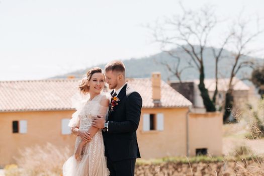 Wedding couple near a Villa in France.Wedding in Provence.Wedding photo shoot in France.