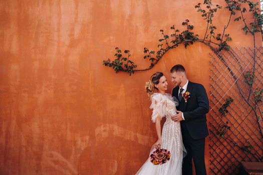 Wedding couple near a Villa in France.Wedding in Provence.Wedding photo shoot in France.